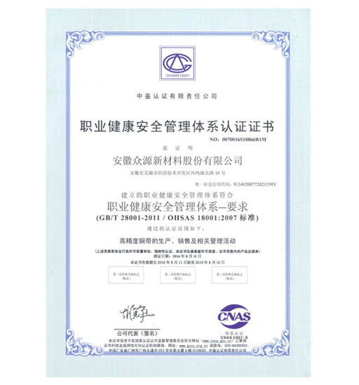 眾源-職業(yè)健康安全管理體系證書 